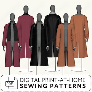 Mannequins wearing long coats in various colors with digital print-at-home sewing patterns text.