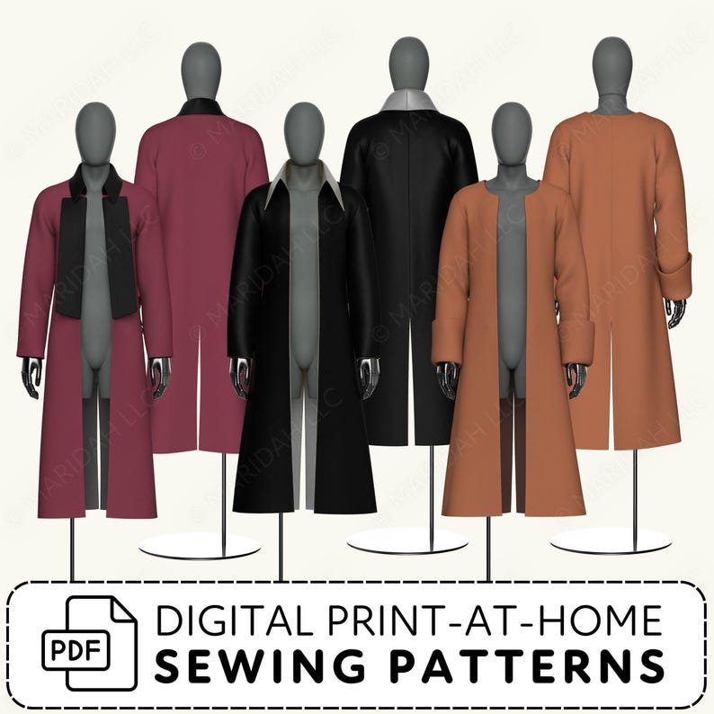 Mannequins wearing long coats in various colors with digital print-at-home sewing patterns text.