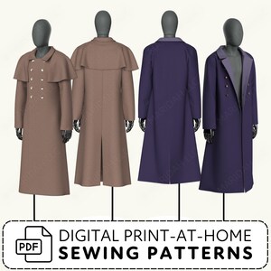 Four mannequins wearing long coats in brown and purple with digital print-at-home sewing patterns text.