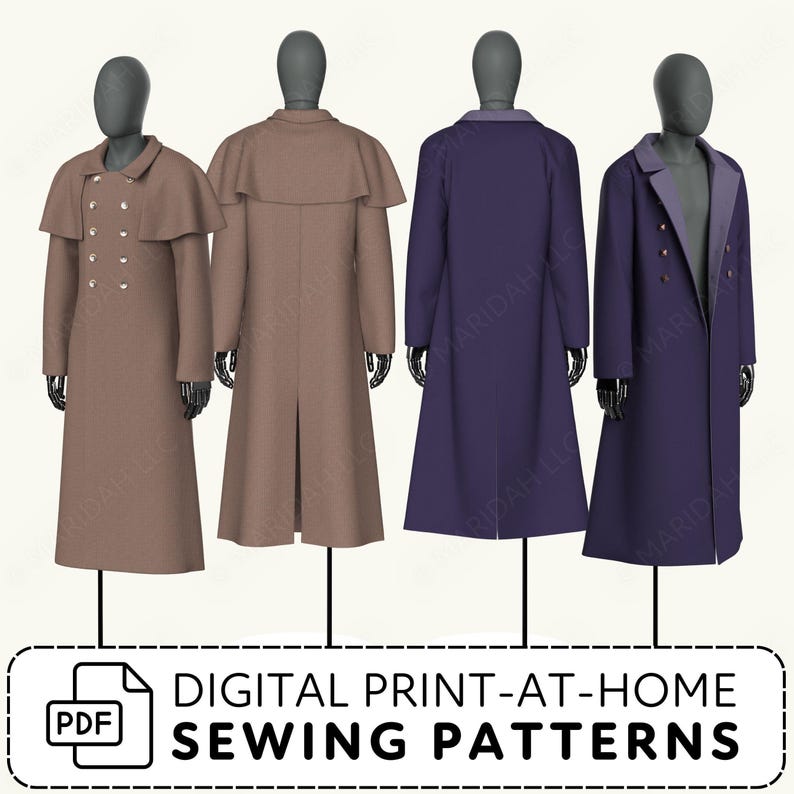 Four mannequins wearing long coats in brown and purple with digital print-at-home sewing patterns text.