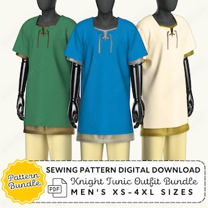 May include: Three short-sleeved tunics in green, blue, and cream, each featuring a square neckline with brown lace-up detailing and a metallic mesh hem. The image includes text: SEWING PATTERN DIGITAL DOWNLOAD, Knight Tunic Outfit Bundle, PDF, XS-4XL.