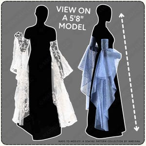 two silhouettes of women wearing dresses, with long sleeves with text reading View on a 5'8" model