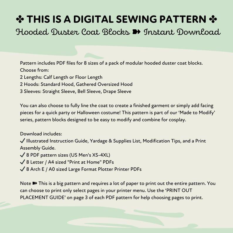 Hooded Duster Coat Cloak Sewing Pattern Blocks XS4XL PDF Cosplay