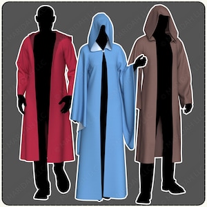 Three mannequins wearing hooded robes in different colors: red, blue, and brown.
