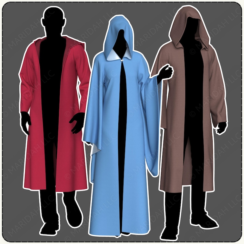 Three mannequins wearing hooded robes in different colors: red, blue, and brown.