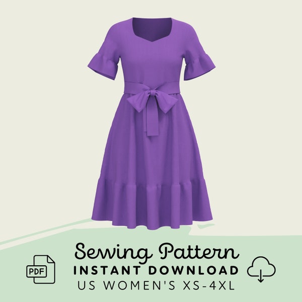 Tea Length Dress Sewing Pattern | Womens XS-4XL Dress Pattern Digital Download PDF