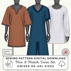 May include: A digital sewing pattern for a mix and match tunic set, featuring three tunics in brown, teal, and white on mannequins. The text reads: made to modify, SEWING PATTERN DIGITAL DOWNLOAD, Mix & Match Tunic Set, UNISEX XS-4XL SIZES.