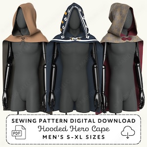 May include: Three hooded capes displayed on mannequins. The left is tan with a lace-up front. The center is dark blue with white geometric hood patterns and gold clasps. The right is a tan star-patterned cape with a red lining. Text reads: SEWING PATTERN DIGITAL DOWNLOAD Hooded Hero Cape MEN'S S-XL SIZES.