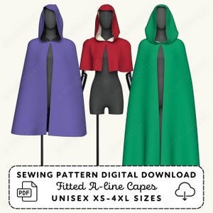 Puede incluir: Tres capas con capucha en maniquíes de color morado, rojo y verde. El texto dice: SEWING PATTERN DIGITAL DOWNLOAD, Fitted A-line Capes, UNISEX XS-4XL SIZES. Las capas morada y verde son largas, mientras que la capa roja es corta.