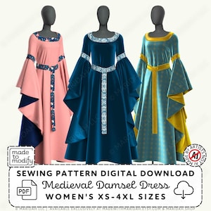 Damsel Gown Sewing Pattern | Medieval Renaissance Dress, Womens XS-4XL (PDF Digital Download)