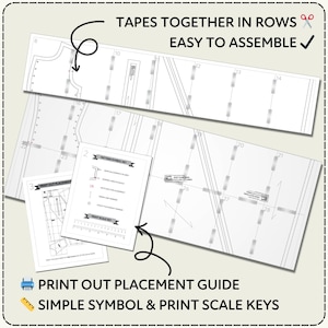 Set of printed sewing patterns with text instructions on a light background. Text describes the pattern as easy to assemble and tapes together in rows. Includes examples of a print out placement guide and sewing pattern symbols.