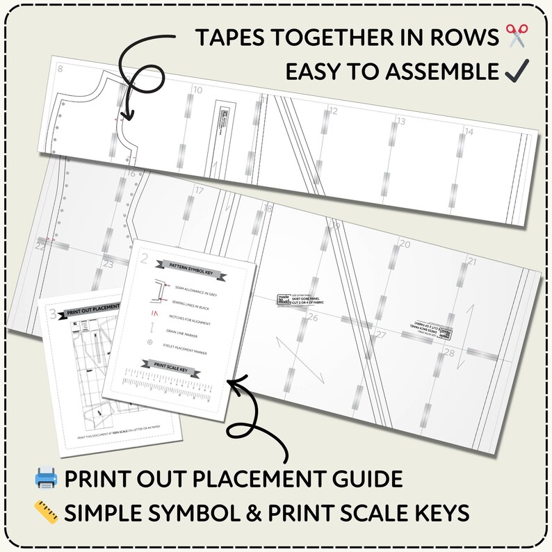 Set of printed sewing patterns with text instructions on a light background. Text describes the pattern as easy to assemble and tapes together in rows. Includes examples of a print out placement guide and sewing pattern symbols.