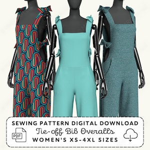 Op de afbeelding: Drie tuinbroeken op zwarte etalagepoppen. De linker heeft een kleurrijk geometrisch patroon, de middelste is effen lichtblauw en de rechter heeft een blauwgroen pied-de-poule patroon. Tekst: SEWING PATTERN DIGITAL DOWNLOAD Tie-off Bib Overalls.