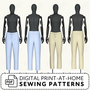 four mannequins wearing different colored pants, arranged in a row.