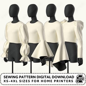 May include: Four off-white long-sleeved tops displayed on black mannequins, each featuring distinct sleeve styles including gathered, flared, and puffed designs. The text reads: SEWING PATTERN DIGITAL DOWNLOAD XS-4XL SIZES FOR HOME PRINTERS.