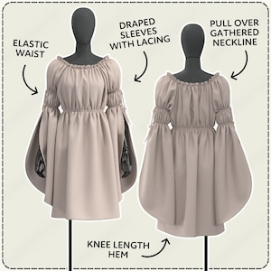 Two dresses with draped sleeves with lacing and a pull-over gathered neckline. The dresses are displayed on mannequins, and annotations indicate the sleeve style and the dress's knee length.
