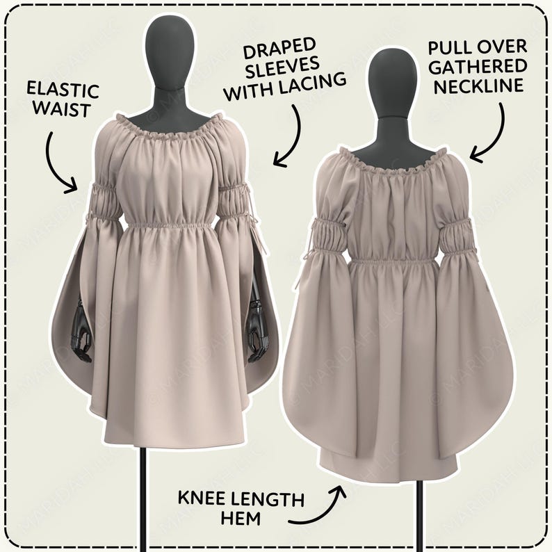 Two dresses with draped sleeves with lacing and a pull-over gathered neckline. The dresses are displayed on mannequins, and annotations indicate the sleeve style and the dress's knee length.