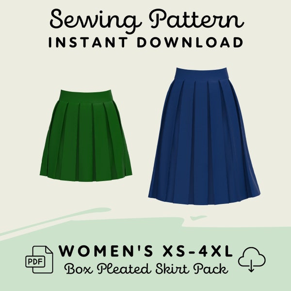 Box Pleated Skirt Sewing Pattern Pack | Womens XS-4XL Pleated Skirt PDF Cosplay Pattern | Digital Download Print at Home Pattern