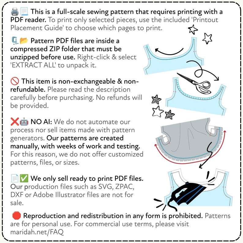 May include: A digital sewing pattern instruction graphic featuring text and illustrations of light blue garment pieces, scissors, and an iron. The text outlines instructions for printing, unzipping files, non-refundable policies, and usage rights.