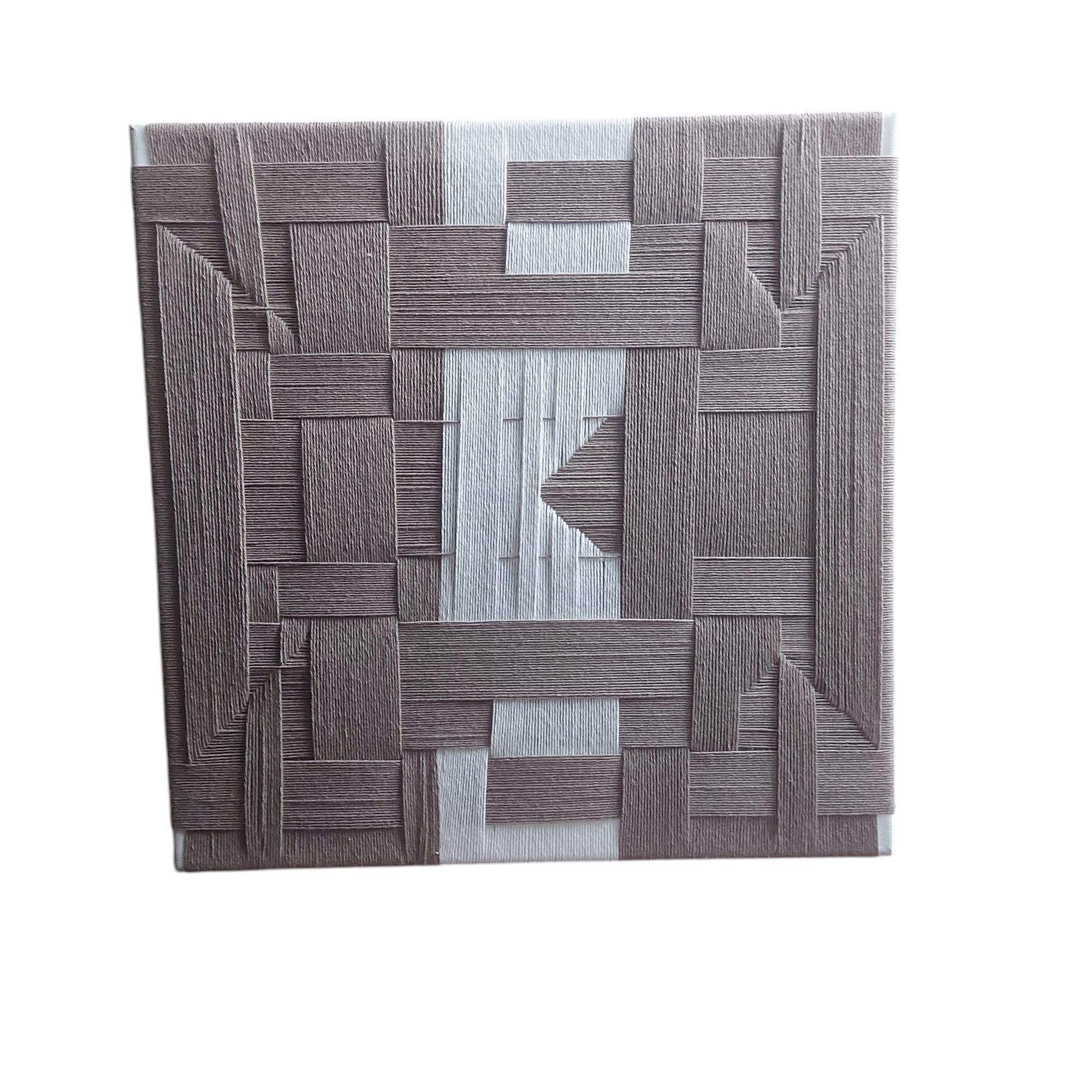 Minimalist Textile Wall Art – Taupe & White Cotton Thread Painting, 40x40 cm
