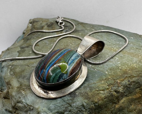 Sterling Silver and Rainbow Calsilica Pendant 1.7… - image 3