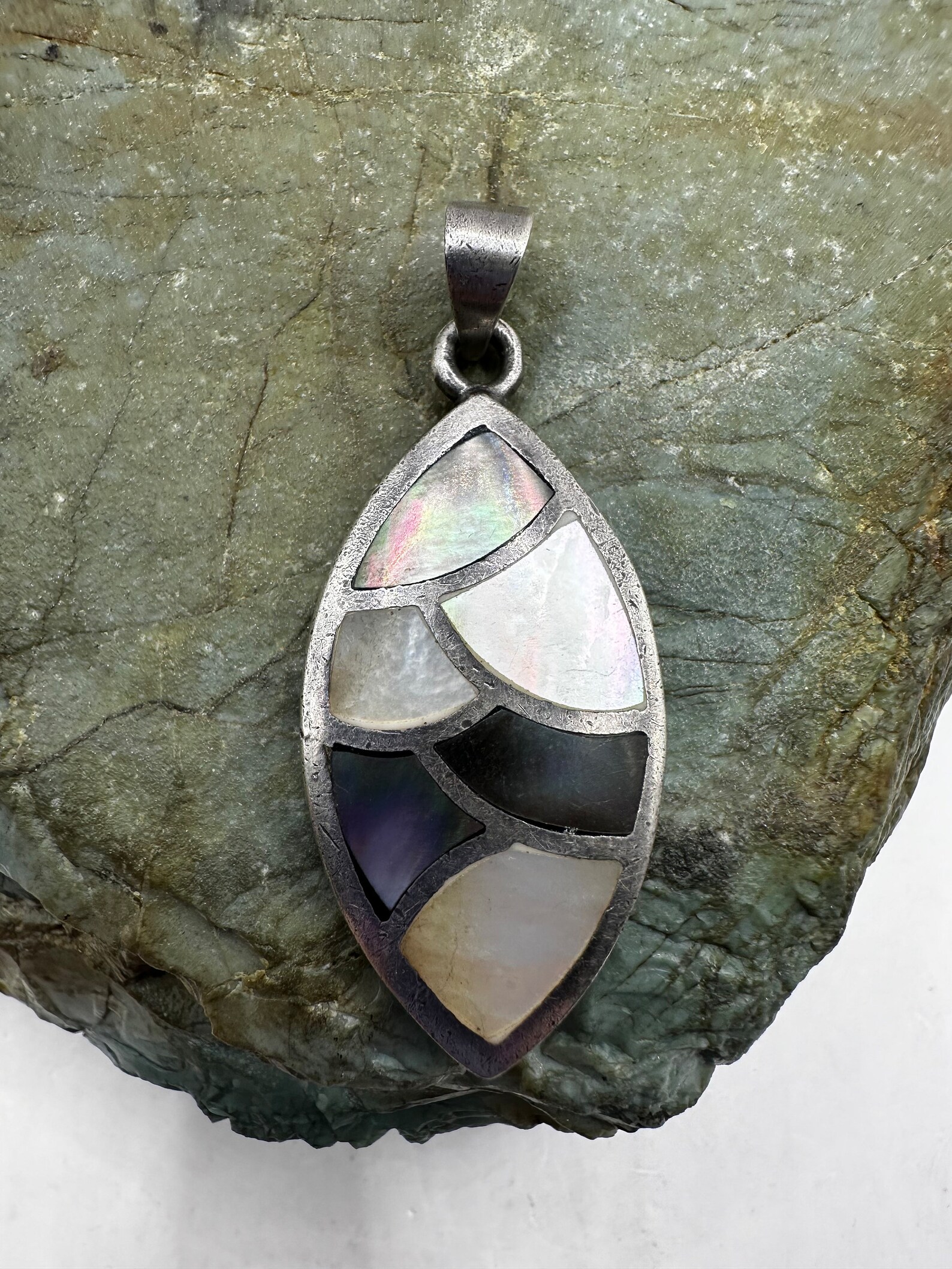 Vintage Sterling Silver and Mother of Pearl Inlay Pendant 1.75