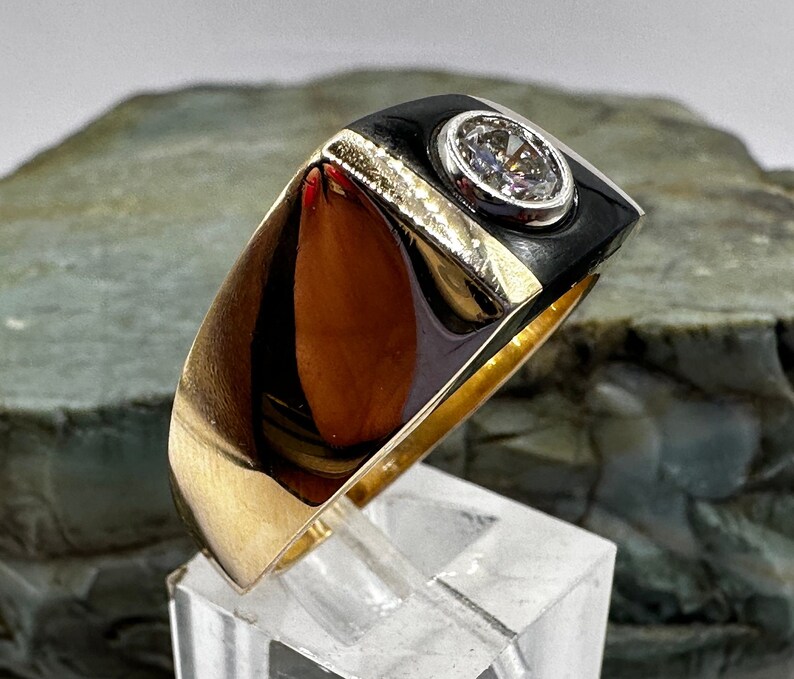 14k Yellow Gold Onyx and 3/4 Carat Diamond Inlay Ring Sz 11.25 (5471 ...