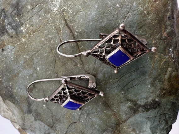 Sterling Silver and Lapis Cut Out Dangle Earrings… - image 2