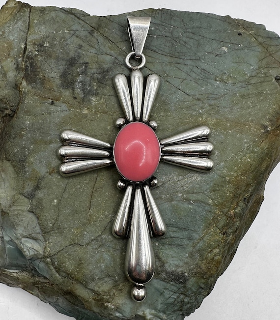 Sterling Silver and Pink Cabochon Cross Pendant 3.