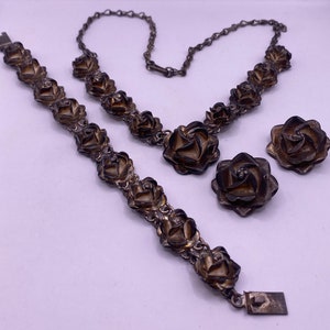 Vintage Sterling Silver Rose Necklace Earrings Bracelet Set Solid Silver Taxco Mexico (2566)
