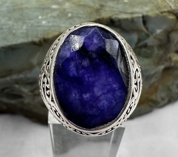 Blue Sapphire Oval Statement Ring Sterling Silver… - image 1