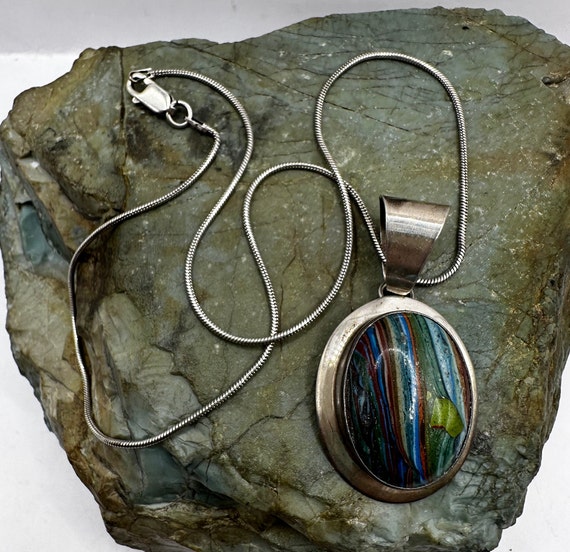 Sterling Silver and Rainbow Calsilica Pendant 1.7… - image 1