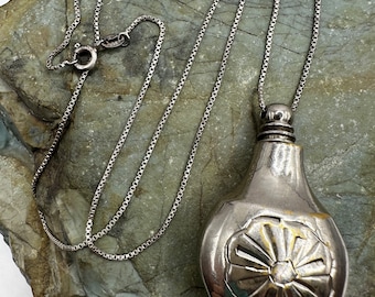 Sterling Silver Perfume Snuff Bottle Pendant on Sterling Silver 1mm Box Chain Necklace 18&quot; (4692)