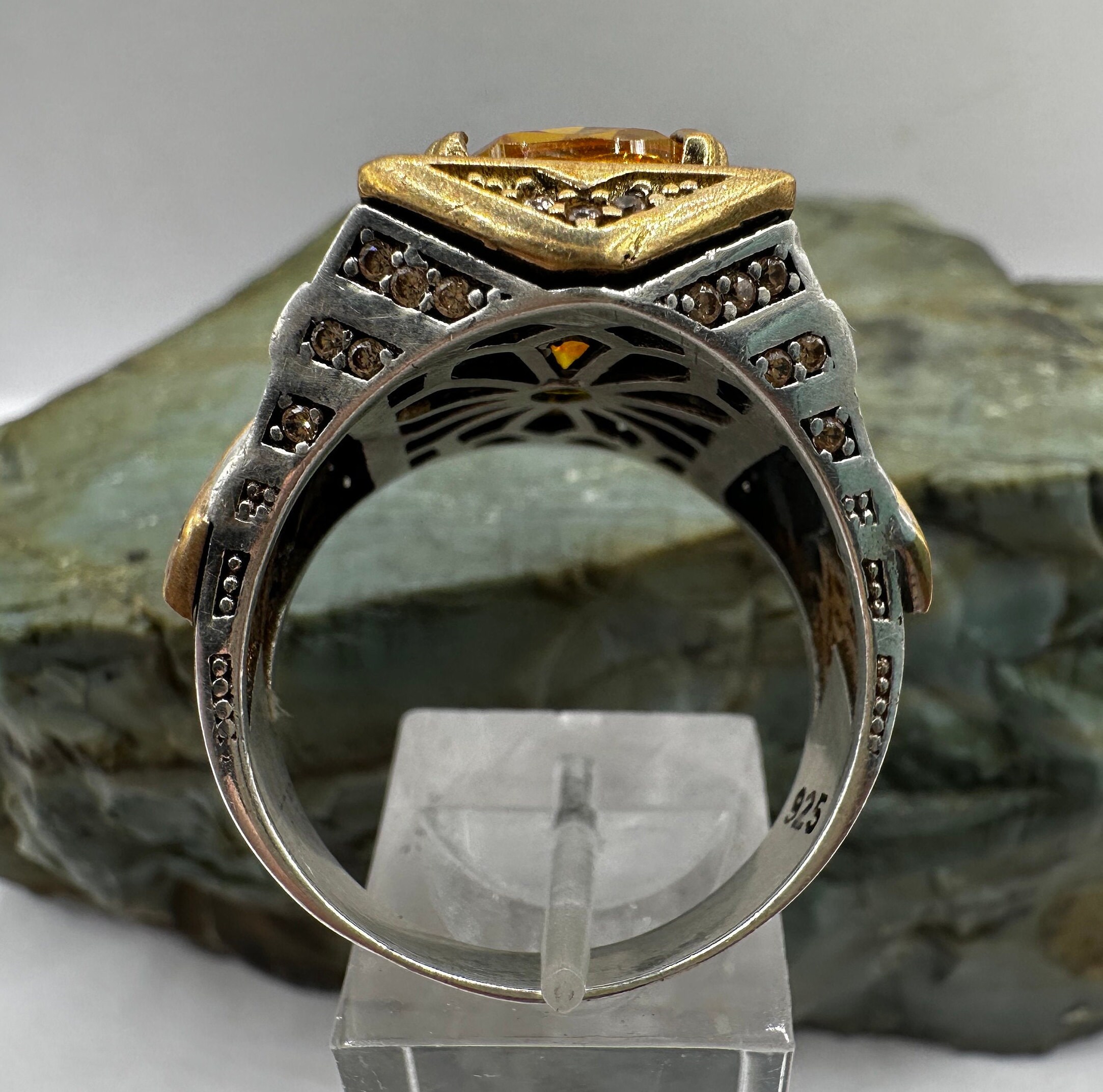 Sterling Silver and Yellow Cubic Zirconia Mens Ring Sz 13.5