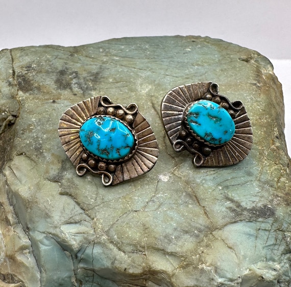Sterling Silver and Turquoise Cabochon Stud Earri… - image 1