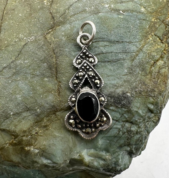 Sterling Silver Marcasite and Black Spinel Pendan… - image 1