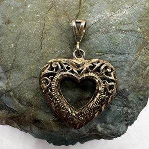 Vintage Gold Plate Sterling Silver Filigree Hollow Heart Pendant 1.5&quot; (1786)