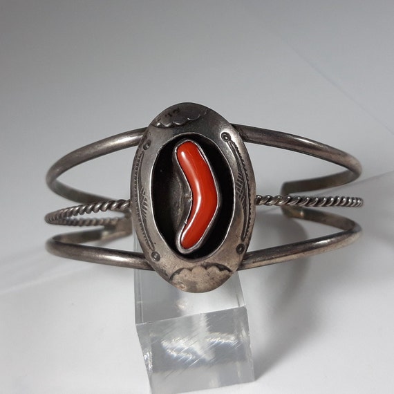 Vintage Sterling Coral 1950's Cuff Bracelet Nativ… - image 1