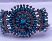 Vintage Sterling Silver Zuni Needlepoint Turquoise Cluster Cuff Bracelet Solid Silver Antique Handmade Old Pawn Native American
