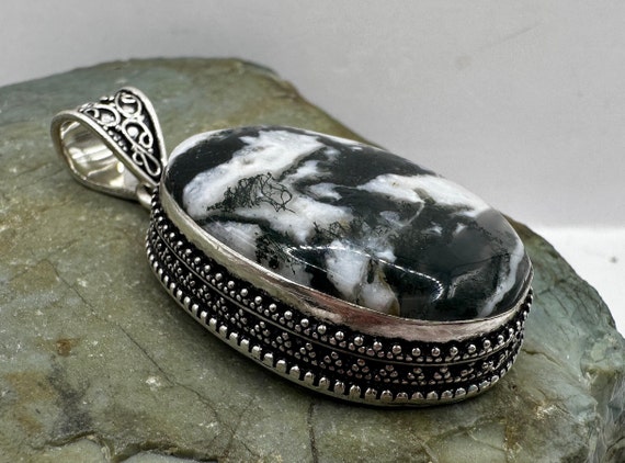 Sterling Silver and Moss Agate Cabochon Pendant 2… - image 2