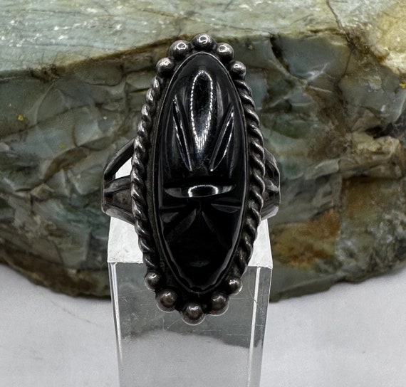 Sterling Silver and Onyx Carved Face Cabochon Spl… - image 1
