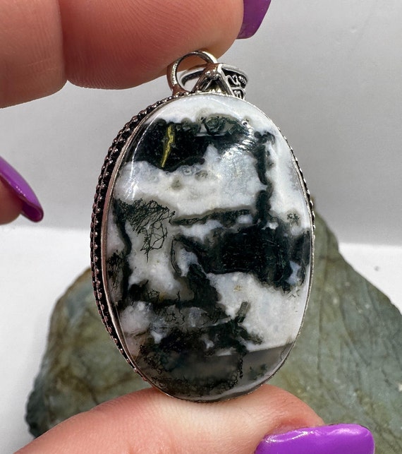 Sterling Silver and Moss Agate Cabochon Pendant 2… - image 4