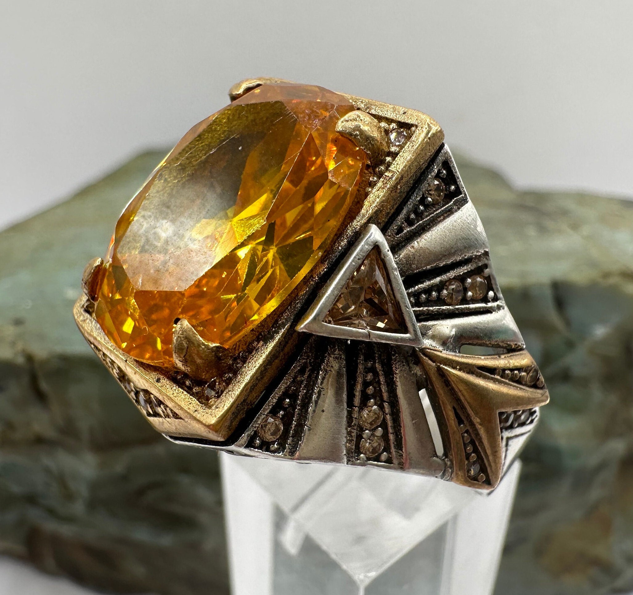 Sterling Silver and Yellow Cubic Zirconia Mens Ring Sz 13.5