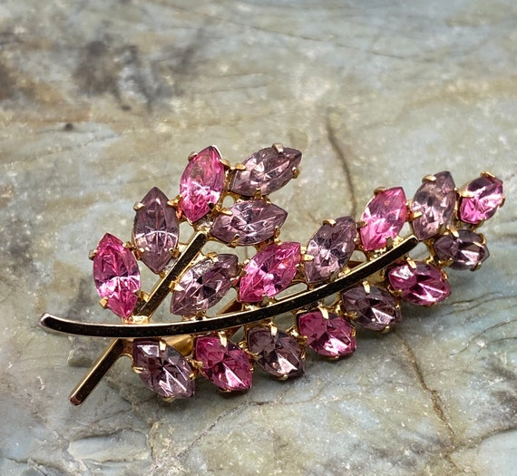 Vintage Art Deco Leaf Pink and Purple Rhinestone … - image 1