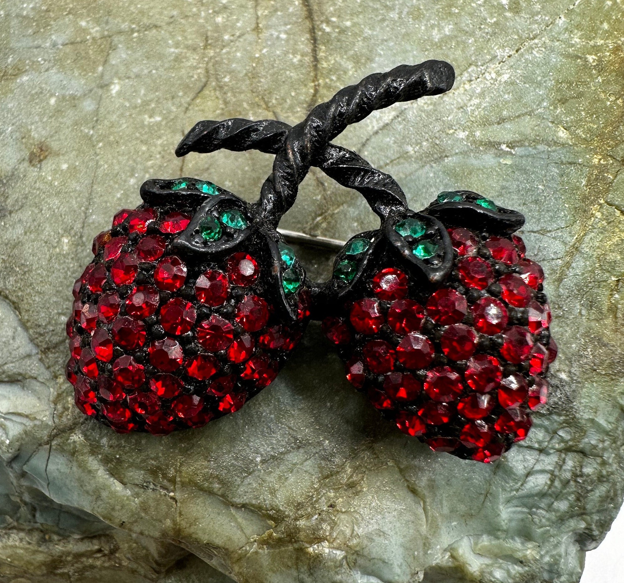 Vintage WEISS Signed Red Crystal Rhinestones & Japanned
