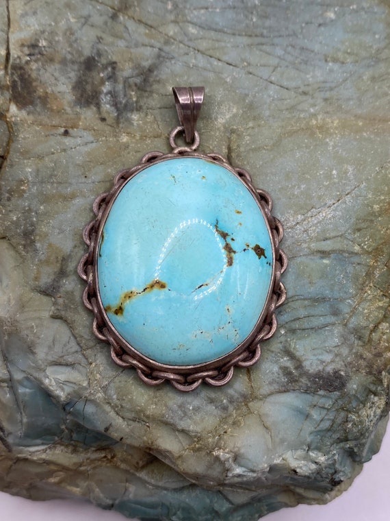 Sterling Silver and Turquoise Cabochon Pendant wi… - image 1