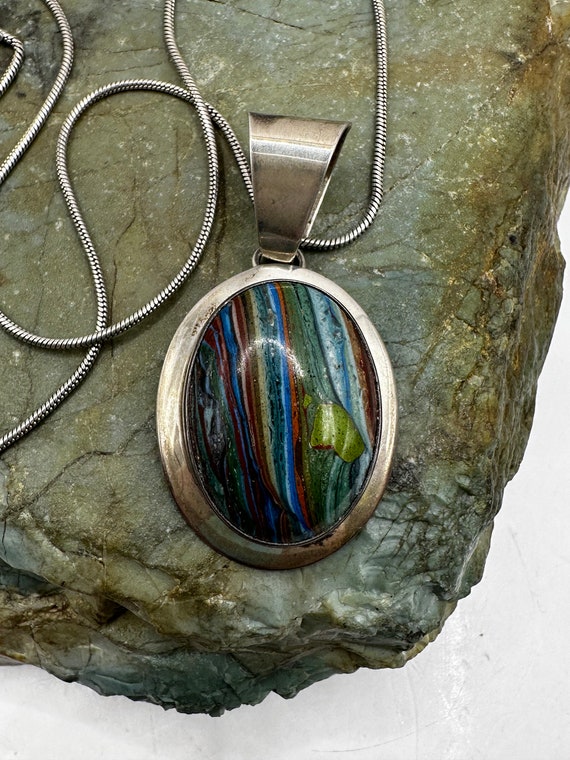 Sterling Silver and Rainbow Calsilica Pendant 1.7… - image 4