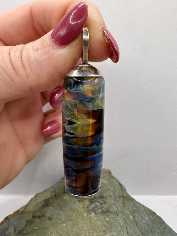 Sterling Silver and Art Glass Cylinder Pendant 2.… - image 5