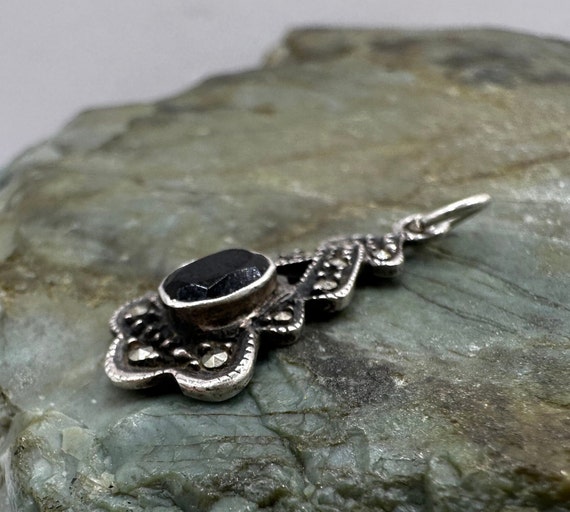 Sterling Silver Marcasite and Black Spinel Pendan… - image 3