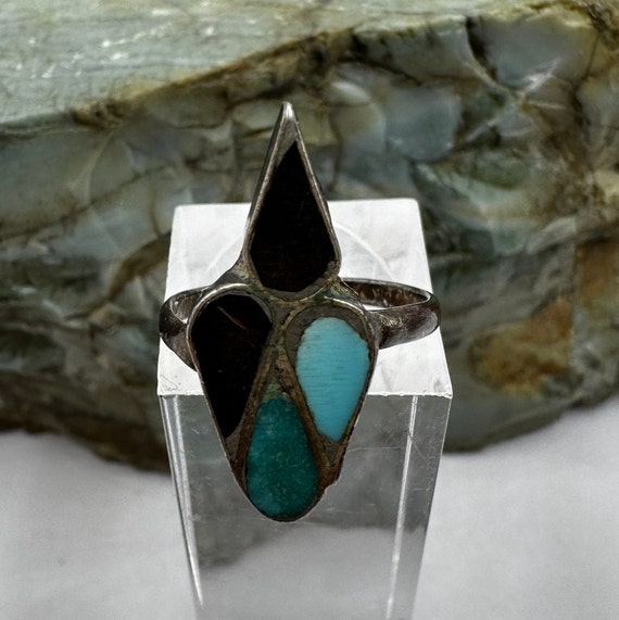 Sterling Silver Turquoise and Onyx Ring sz 4 (396… - image 1